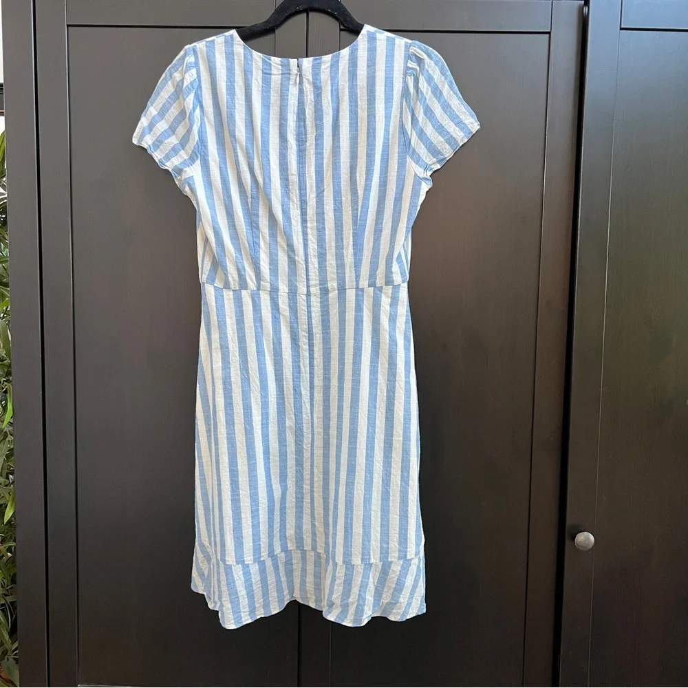 J. Crew Classic Striped Ruffle V-Neck Dress Size 4 Light Blue and Off-White